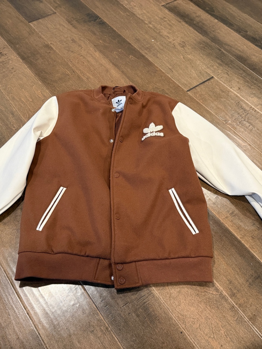 adidas Brown and Cream Varsity Jacket with Embroidered Logo